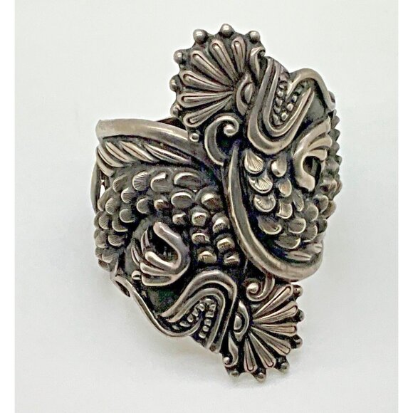 Taxco Sterling Silver Hinged Clamper Cuff Bracelet Quetzalcoatl Dragon Repousse - Picture 3 of 8